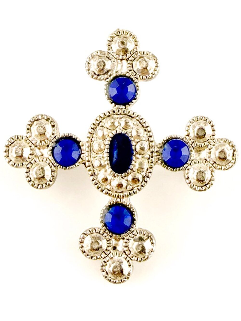 Vintage Silver Tone Cobalt Blue Rhinestone Maltese Cross Brooch Pin